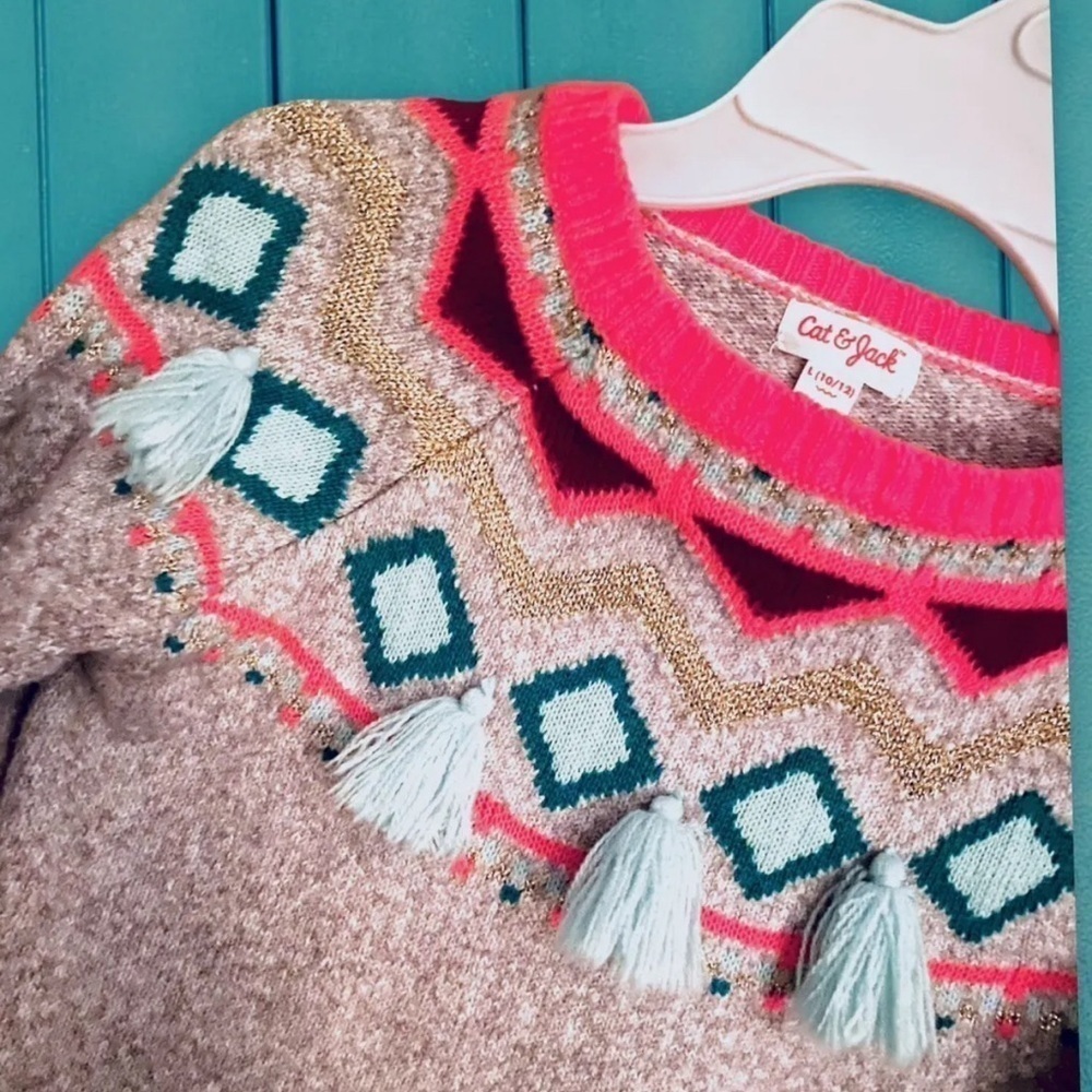 183 Cat & Jack Fair Isle Tassel Sweater Girls Size Large 10/12 Neon Sparkle